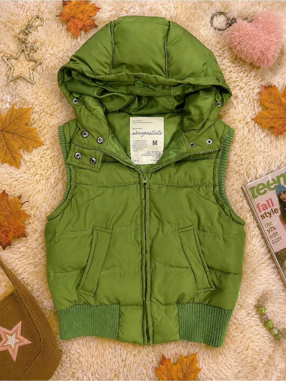 Y2K Aeropostale Green Hooded Puffer Vest Size M Vintage 2000s